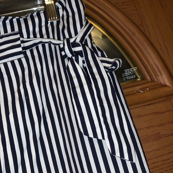 Zara Basic Navy & White Vertical Stripe High-Rise Paperbag Style Belted Pants - Picture 11 of 16